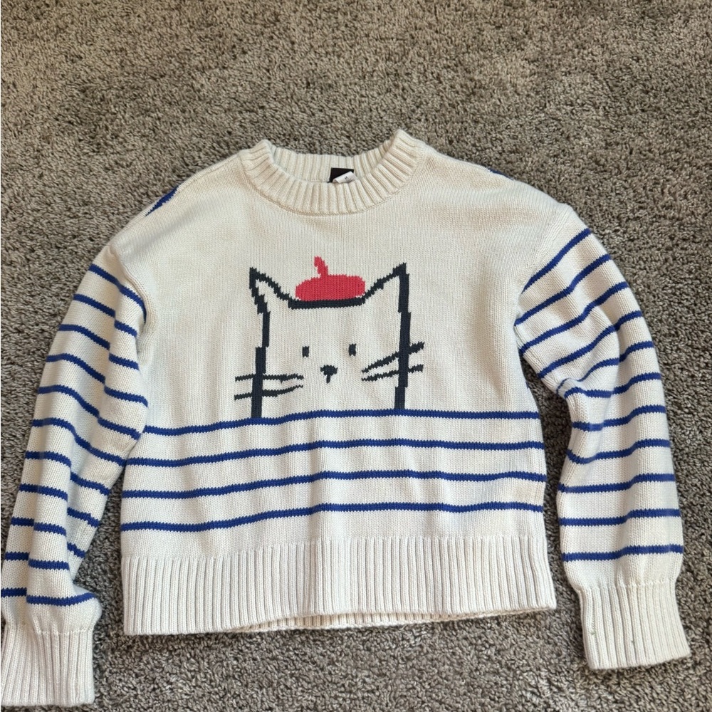 Tea Collection Striped Cat Sweater - White and Blue 6/7
